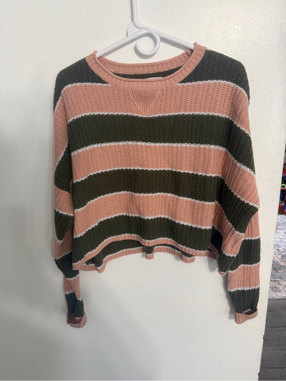 Hollister Pink and Olive Striped Cropped Crewneck Sweater
